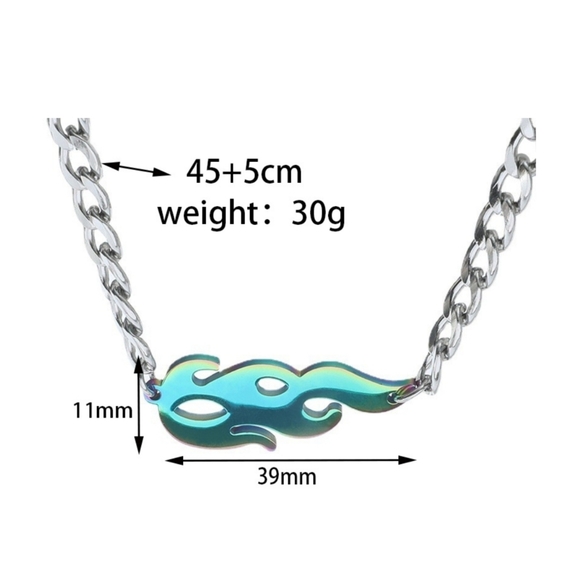 Fire Flame Gunmetal Charm Cuban Link Necklace Silver Colored Chain - Picture 5 of 5